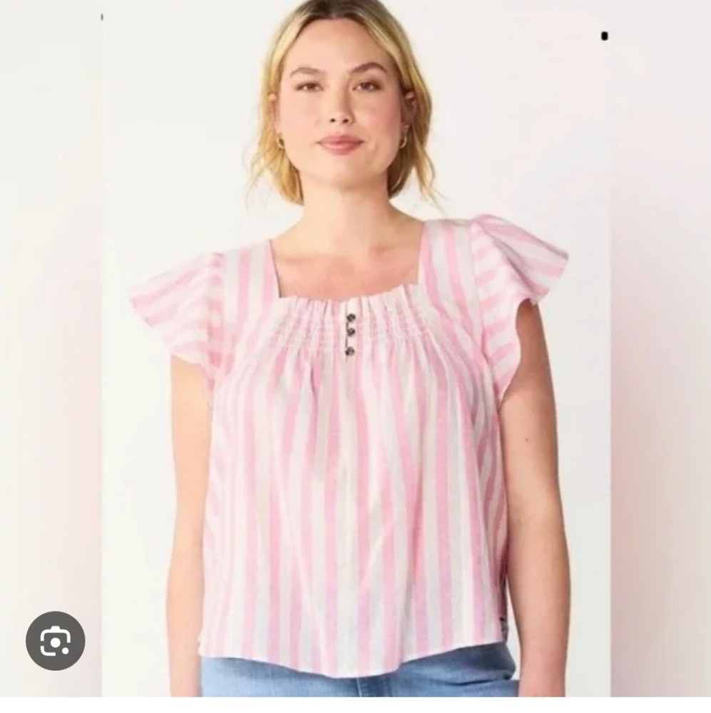 Draper James Pink and Cream Cotton /Linen Blend Striped Blouse